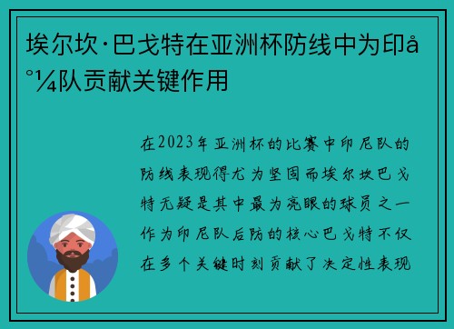 埃尔坎·巴戈特在亚洲杯防线中为印尼队贡献关键作用
